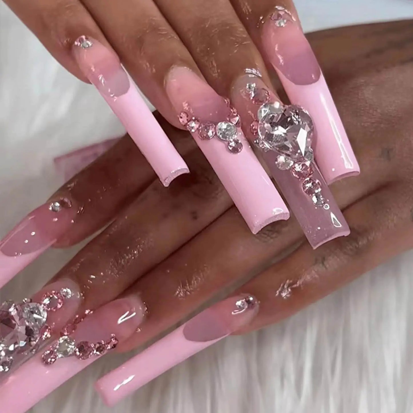 QQPPOLIU Xl Long Press on Nails Square Shape Fake Nails with Rhinestones Designs French Tip Nails Press on Acrylic Nails for Gift