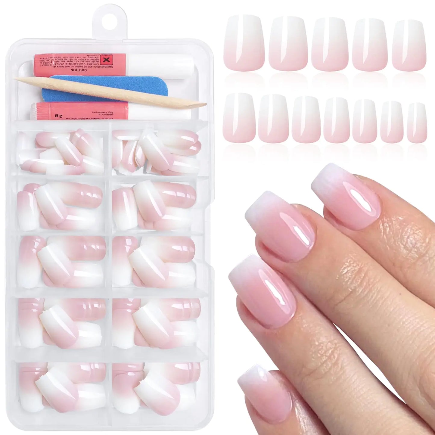 Bellelfin 120Pcs Short Ombre Press on Nails Coffin Nude Gradient Fake Nails Ballerina Ombre Glue on Nails Full Cover Artificial Acrylic Nails Press on False Nails for Women Girls Fingernails Design