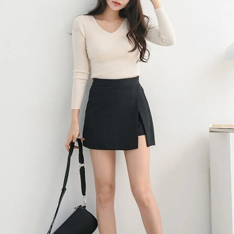 Shorts Women Asymmetrical Casual Solid Fashion High Waist Ulzzang Chic Stylish Skinny Sexy Side-slit Tender Ladies Elegant New