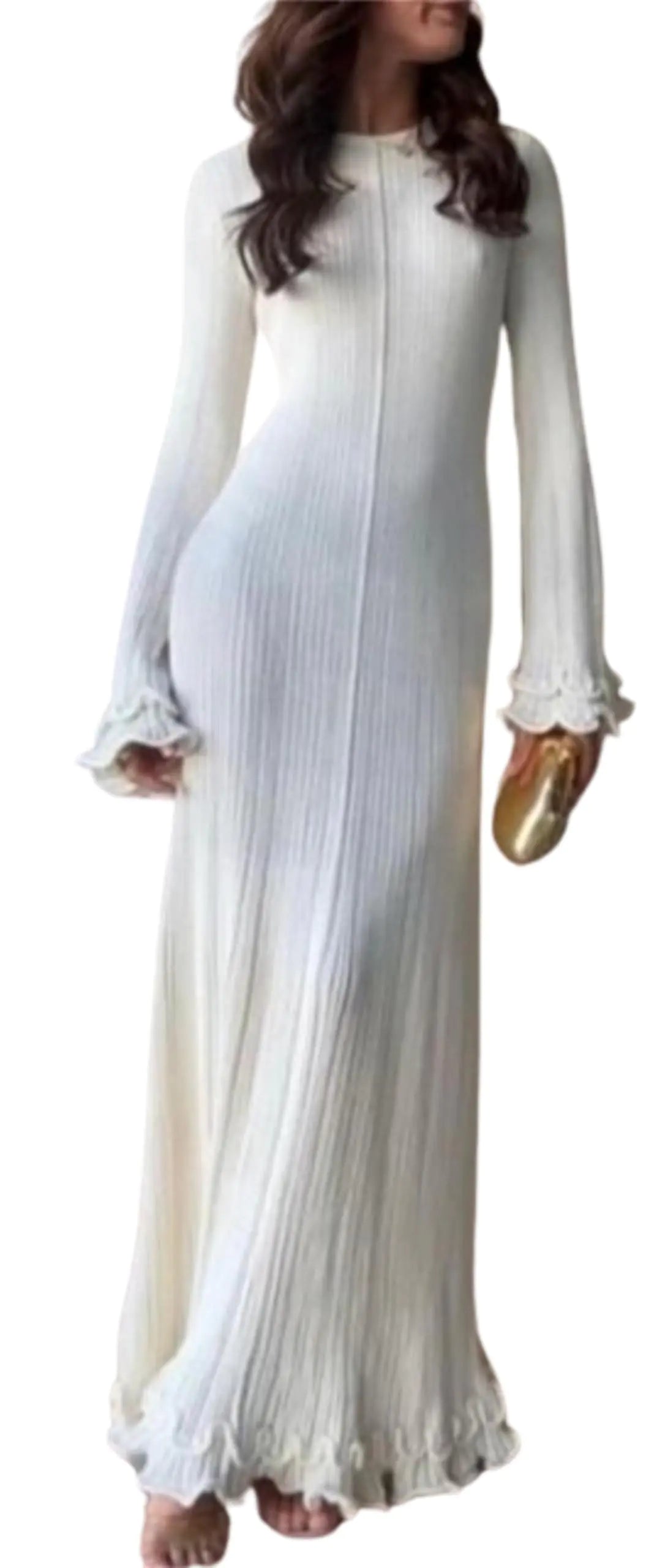 QNI Maxi Dress with Ruffles Crochet Dress Cream Dress Tie Back Knot Dress Bodycon Long Sleeve Sweater Dress (WhiteSSmall)