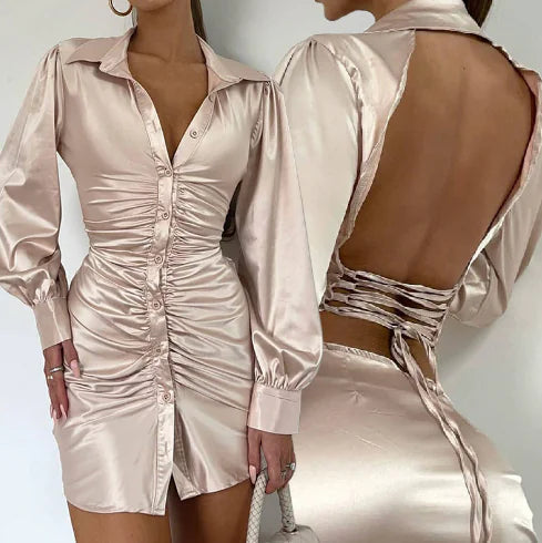 Fashionable Sexy Dress with Lapel Button Detail