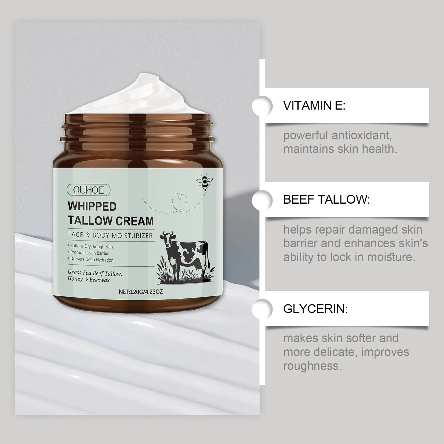 Whipped Tallow Cream Deep Nourish Fade Fine Lines Anti Aging Brighten Improve Dryness Natural Tallow Facial Moisturizing Cream