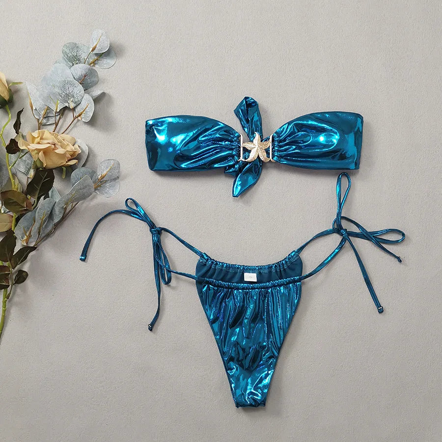 2024 New Bandeau Swimwear Off Shoulder String Two-piece Bikini Set Starfish Patchwork Bathing Suit Shiny Thong Swimsuit Biquini