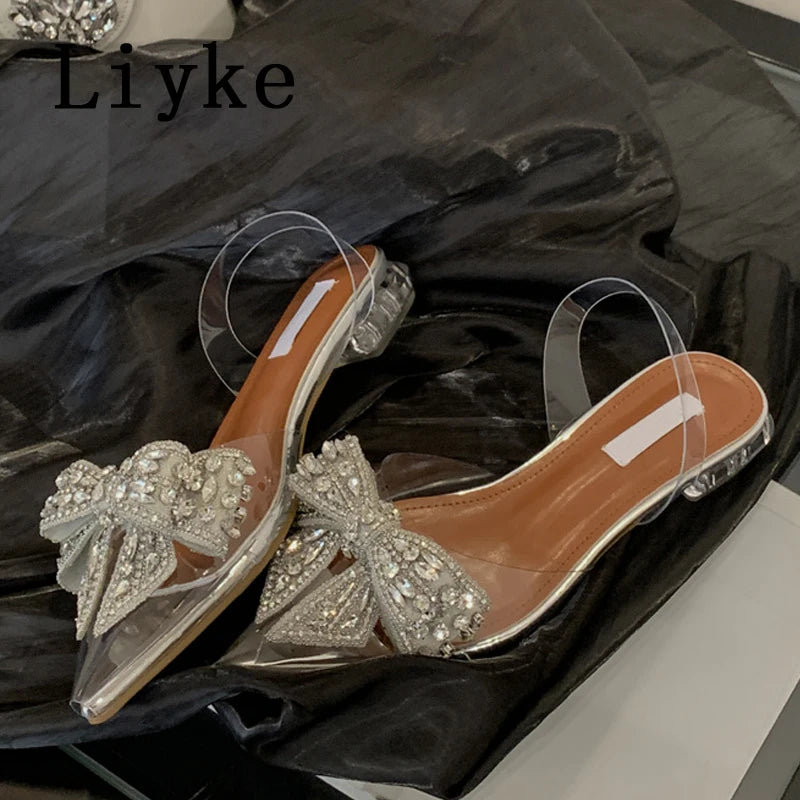 Liyke Fashion Design Crystal Bowknot Women Pumps Sexy Pointed Toe Mules Low Square Heels Slingback Shoes PVC Transparent Sandals