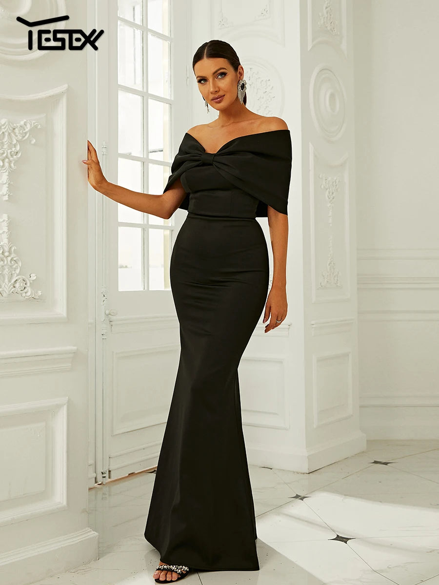 Yesexy New Off Shoulder Mermaid Hem Wedding Dresses Women Elegant Maxi Bow Front Evening Party Dress Black Bodycon dress
