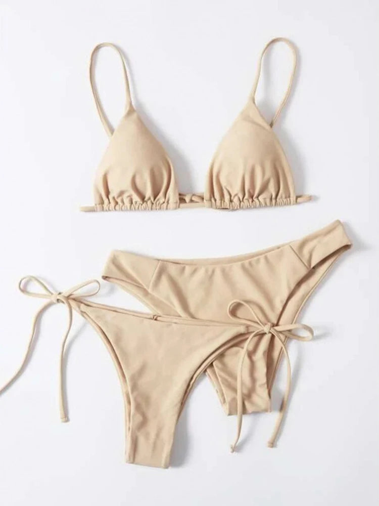 OIINAA Sexy Bikini Set Women Swimsuit Solid Three-pieces Lace Up Bow Swimwear Beachwear Summer 2025 Thong Bather Bathing Suit