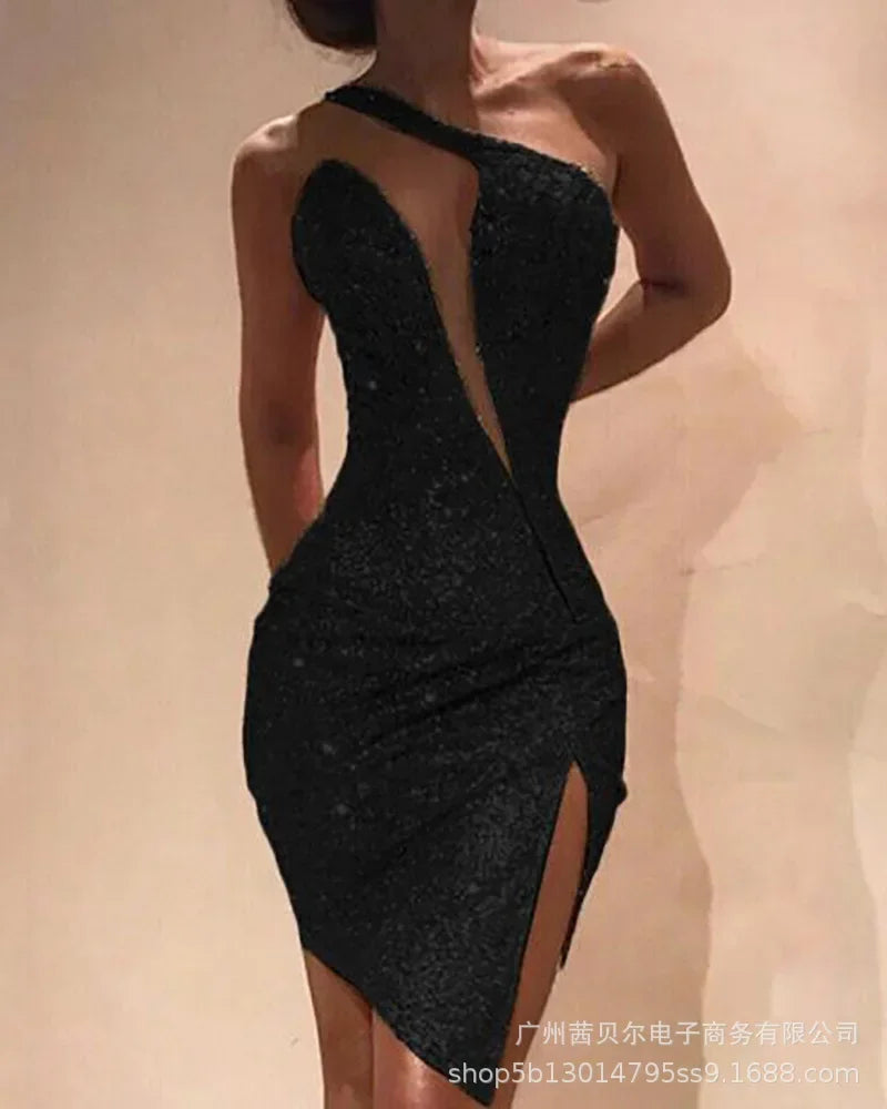 Women New One-shoulder Split Dress Sleeveless Sexy High Waist Bodycon Mini Dress