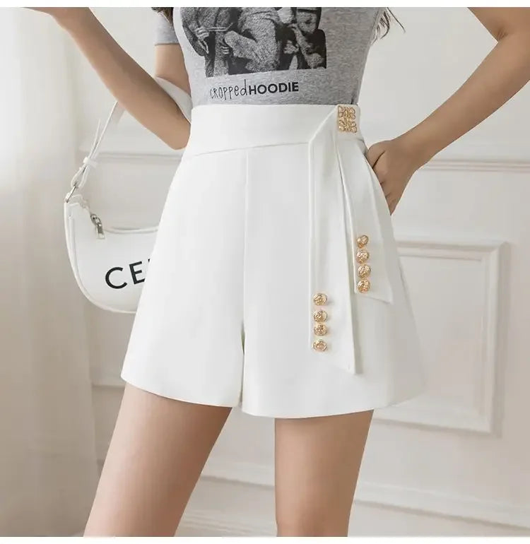 Casual All-match High Waist Wide Leg Shorts for Female Simplicity Commute Solid Color Spliced Shorts Fashion Women's Clothing