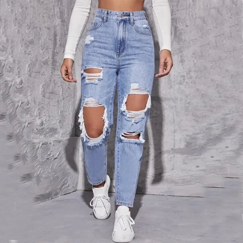 Hole High Waist Mom Jeans Women Flare Pants Denim Autumn 2025 Casual Long Streetwear Slim Fit Trousers Capris Baggy Jeans
