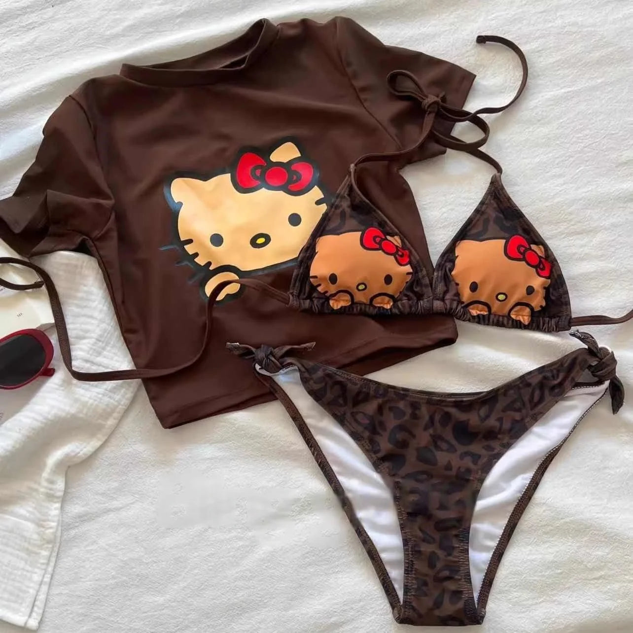 Kawaii Hello Kitty Beach Sexy with Chest Cushion Bikini Three Piece Set Sanrio Comic Split Body Swimsuit Underwear Set Kit Gift