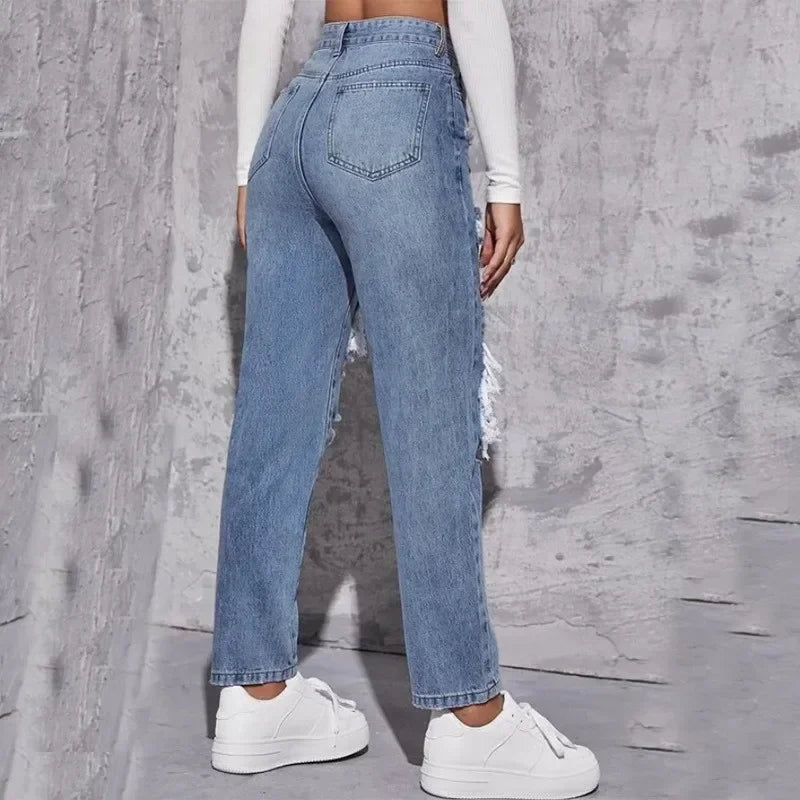Hole High Waist Mom Jeans Women Flare Pants Denim Autumn 2025 Casual Long Streetwear Slim Fit Trousers Capris Baggy Jeans