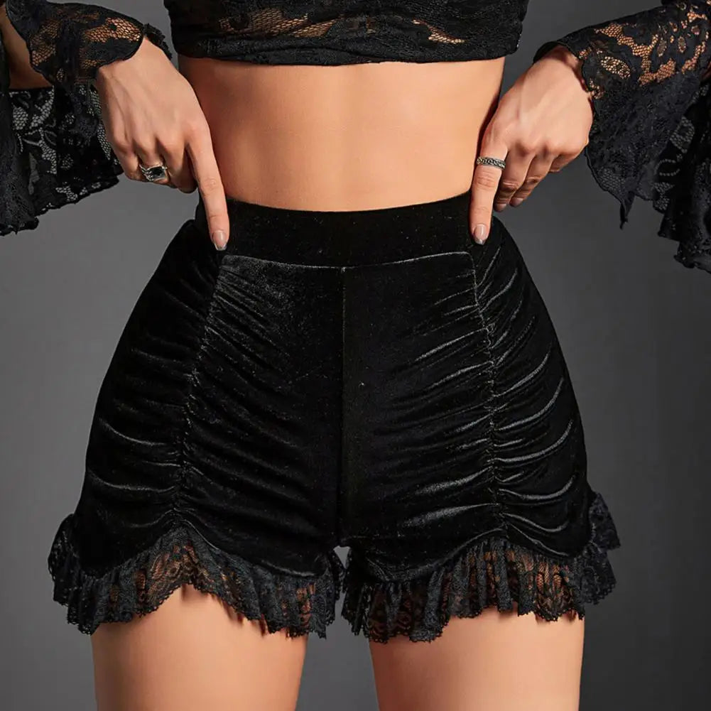 Goth Dark Mall Gothic Velvet Ruched Sexy Shorts Skirts E-girl Grunge High Waist Skinny Bottoms Women Lace Hem Autumn Alt Clothes