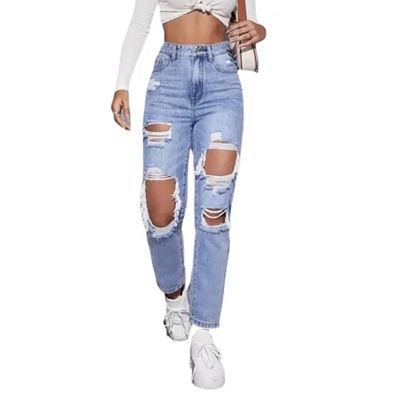 Hole High Waist Mom Jeans Women Flare Pants Denim Autumn 2025 Casual Long Streetwear Slim Fit Trousers Capris Baggy Jeans