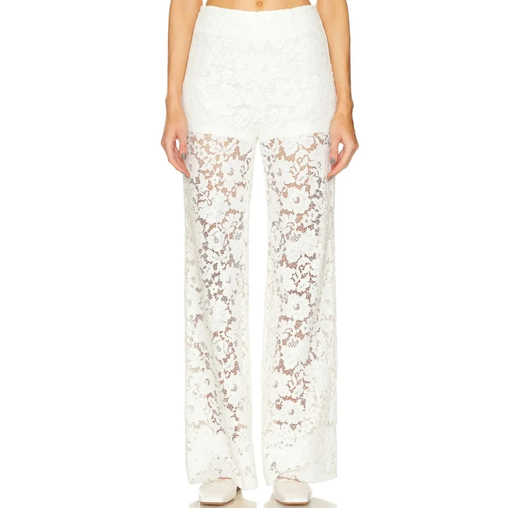 Women Lace Flare Pants See Through High Waist Loose Bell Bottoms Long Trousers for Daily Party