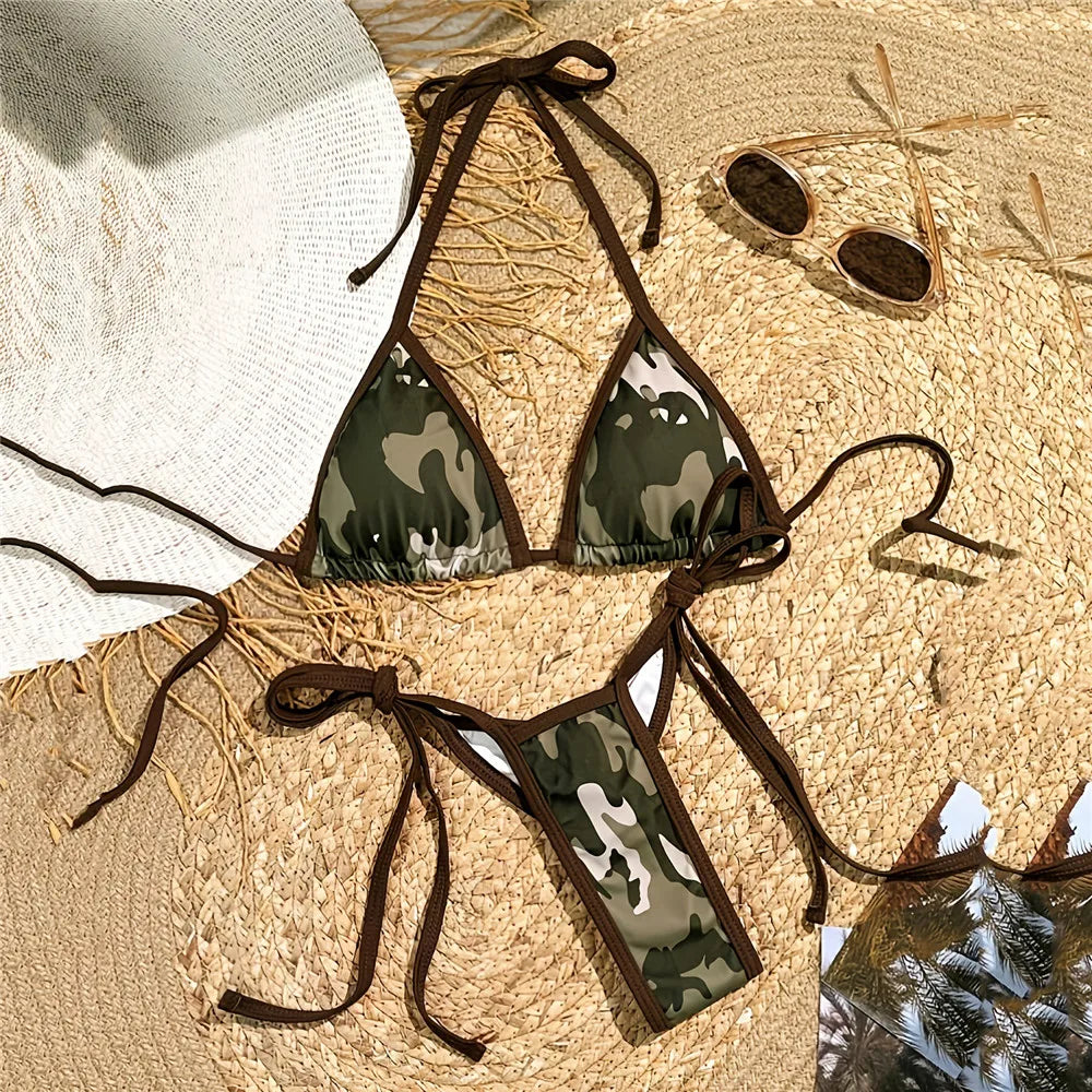 Camouflage Print Halter String Triangle Bikini Mini Micro Sexy Swimsuit Women 2025 Lace-up Swimwear Bathing Suit Bikinis Sets