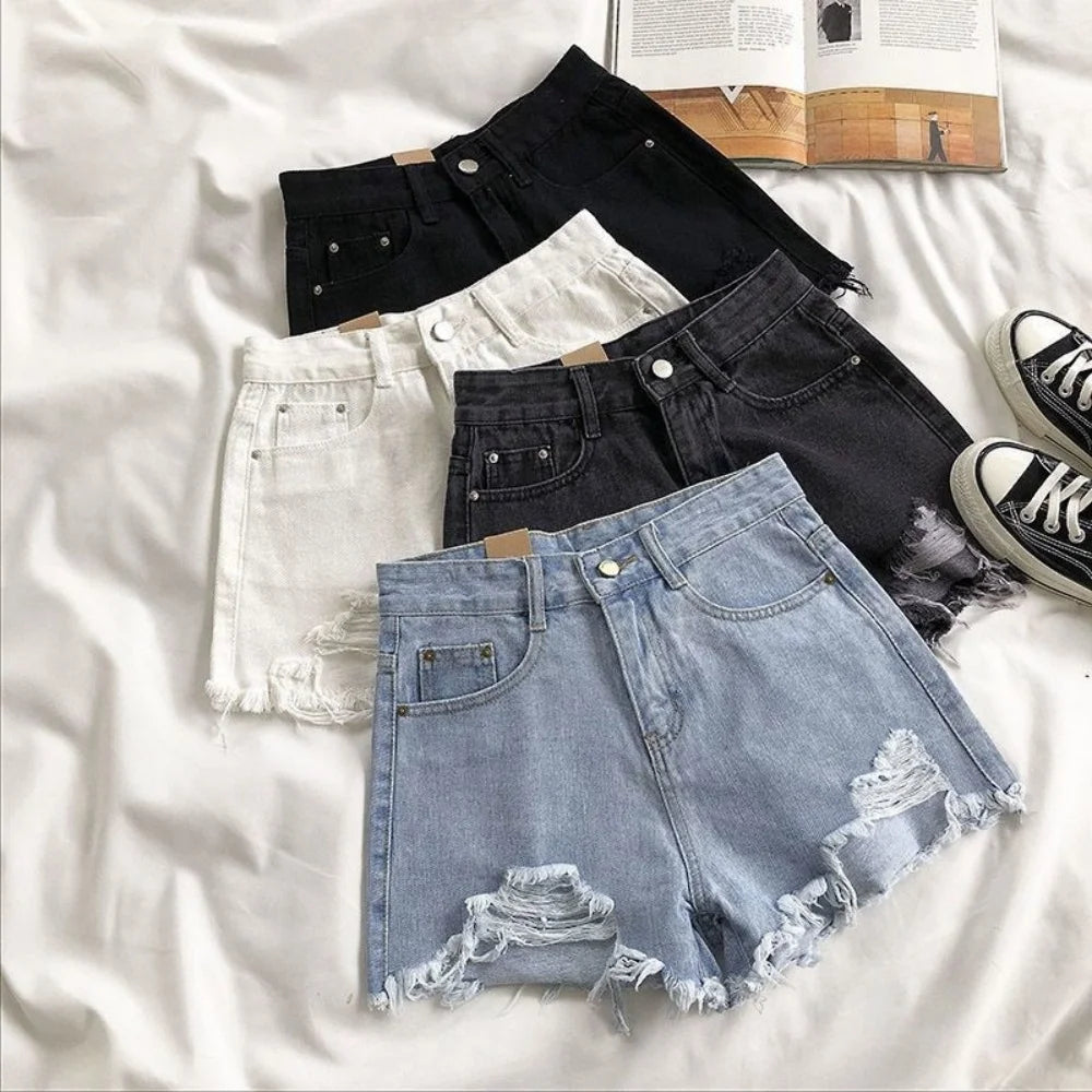 High Waist Summer New Shorts Pants Fashion Women Korean Denim Ripped Tassel Y2K Jeans Short Casual Streetwear Hot Blue Trousers