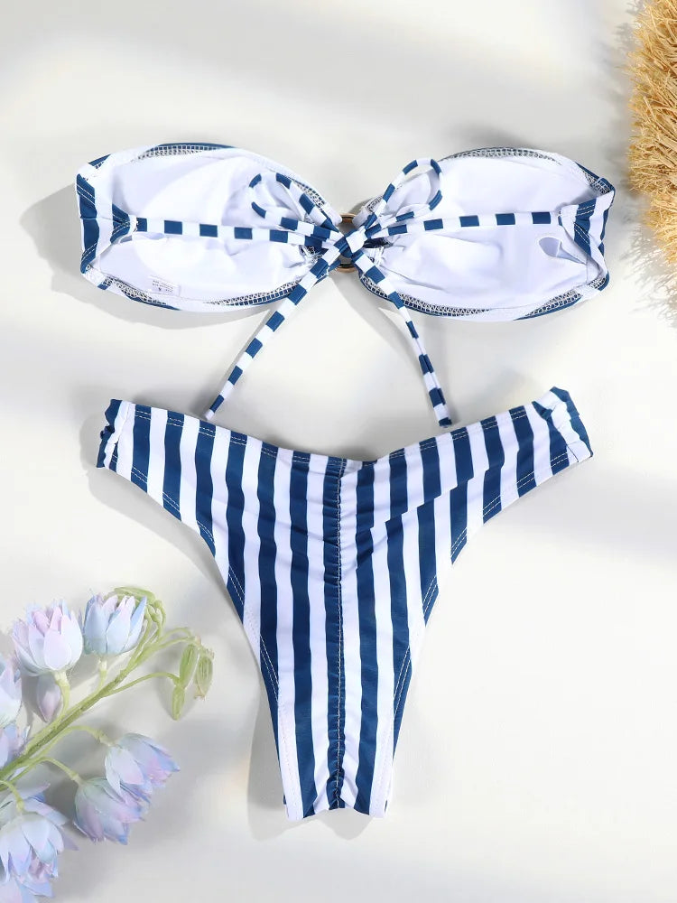 Sexy Bandeau Striped Bikinis Women's Swimwear 2025 Thongs Swimsuit Biquini Beachwear Bathing Suit Sexy Two Piece Ring Bikini Set