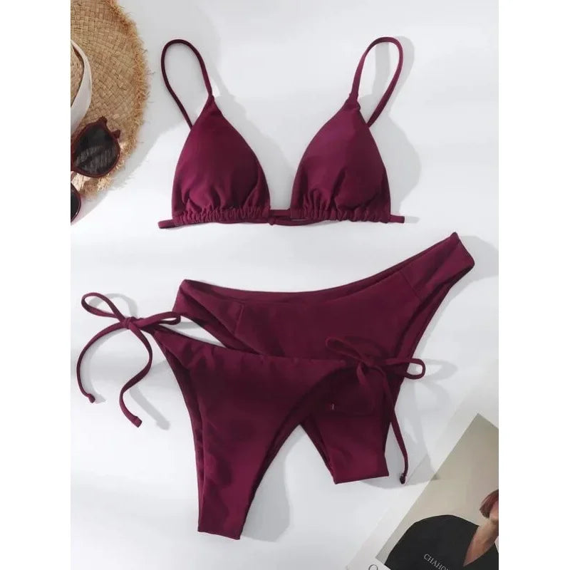 OIINAA Sexy Bikini Set Women Swimsuit Solid Three-pieces Lace Up Bow Swimwear Beachwear Summer 2025 Thong Bather Bathing Suit