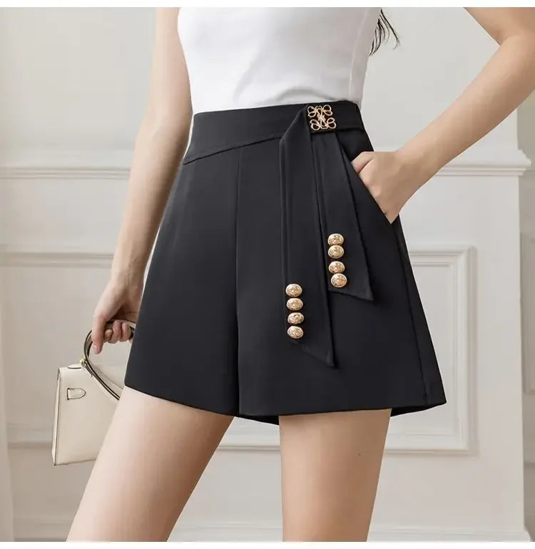 Casual All-match High Waist Wide Leg Shorts for Female Simplicity Commute Solid Color Spliced Shorts Fashion Women's Clothing