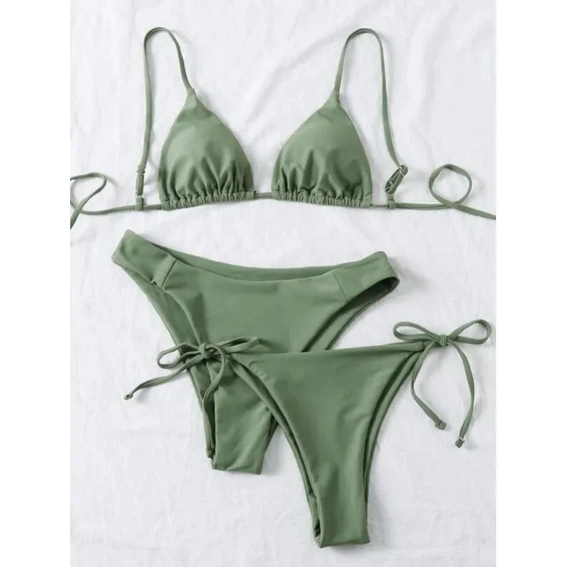 OIINAA Sexy Bikini Set Women Swimsuit Solid Three-pieces Lace Up Bow Swimwear Beachwear Summer 2025 Thong Bather Bathing Suit
