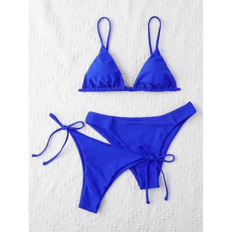 OIINAA Sexy Bikini Set Women Swimsuit Solid Three-pieces Lace Up Bow Swimwear Beachwear Summer 2025 Thong Bather Bathing Suit
