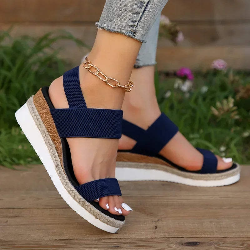 Women's Shoes 2025 Hot Sale Elastic Band Women's Sandals Summer Open Toe Solid Color Wedge Beach Shoes Ladies Platform Sandals
