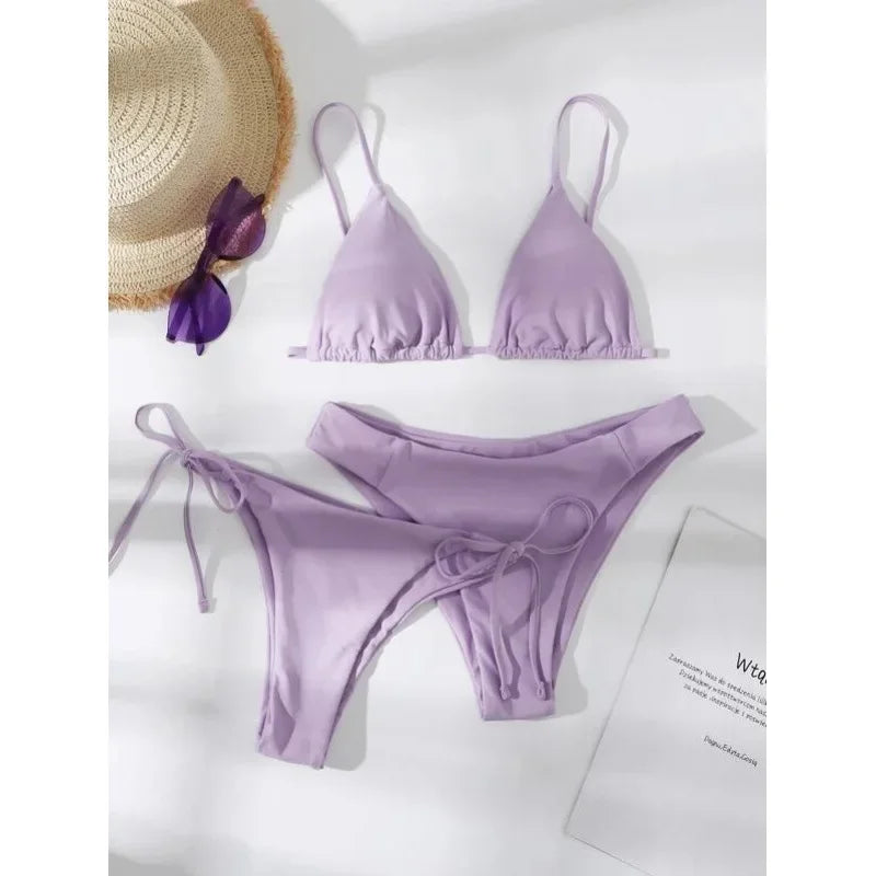 OIINAA Sexy Bikini Set Women Swimsuit Solid Three-pieces Lace Up Bow Swimwear Beachwear Summer 2025 Thong Bather Bathing Suit