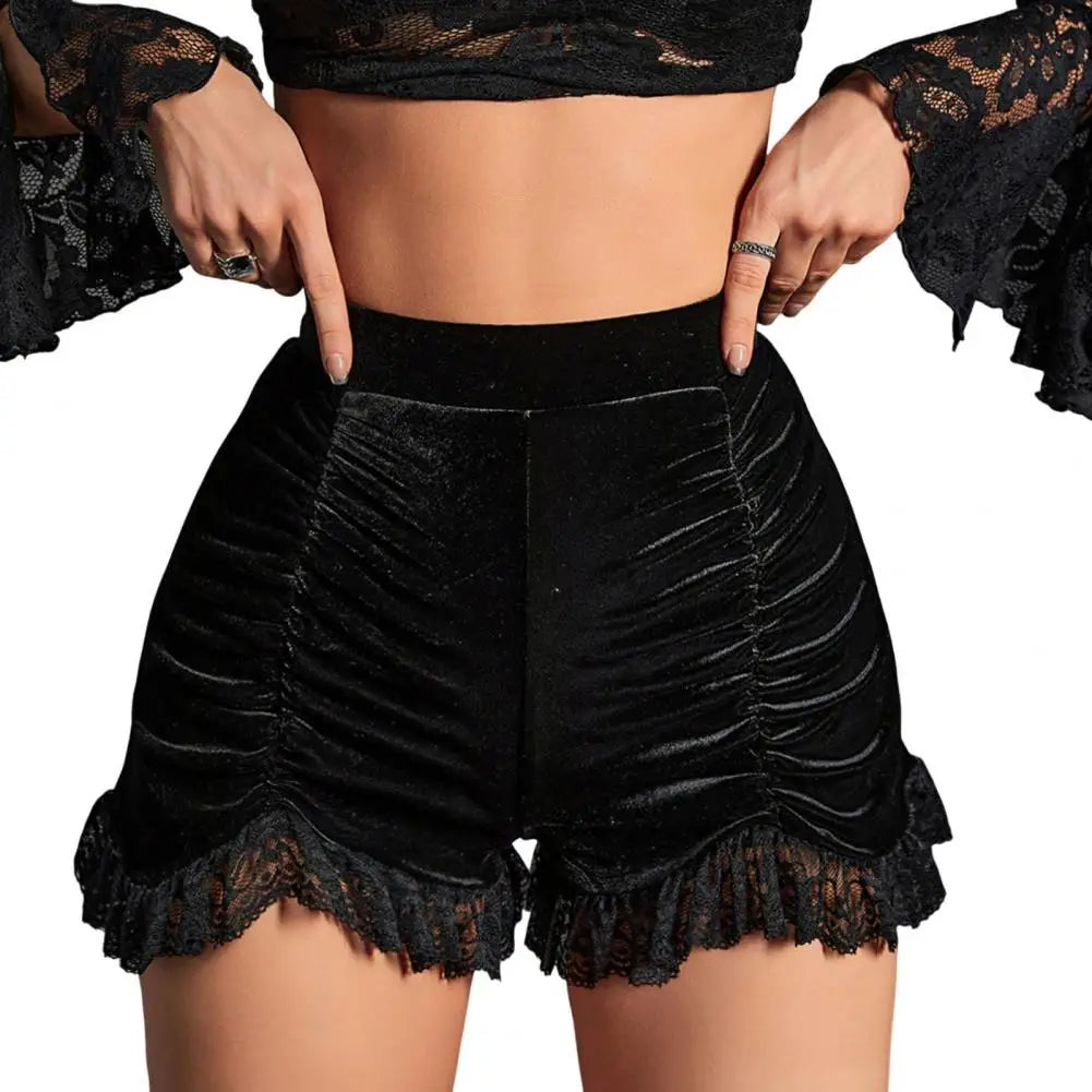 Goth Dark Mall Gothic Velvet Ruched Sexy Shorts Skirts E-girl Grunge High Waist Skinny Bottoms Women Lace Hem Autumn Alt Clothes
