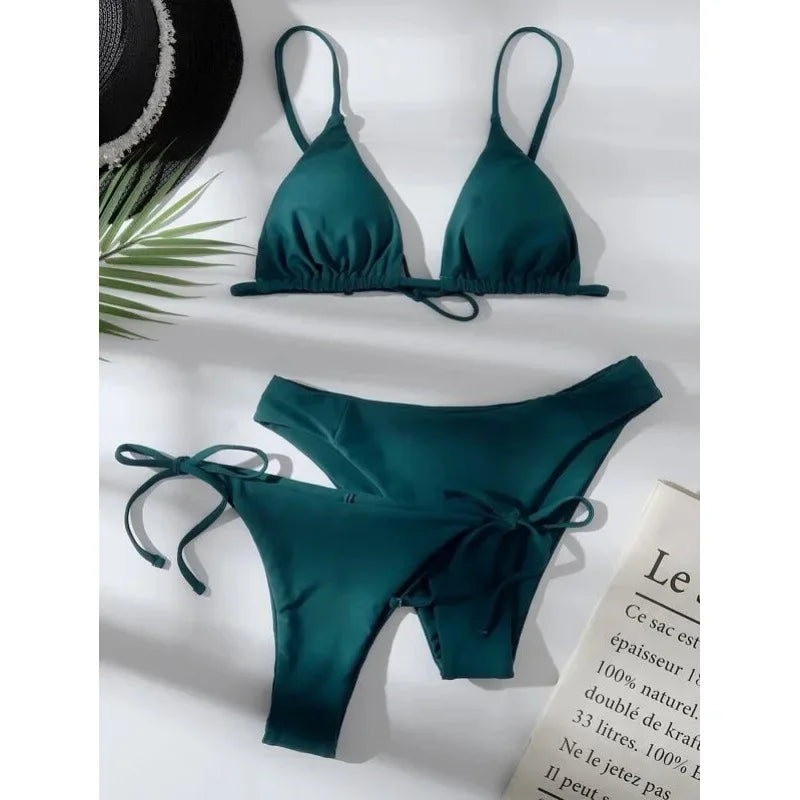 OIINAA Sexy Bikini Set Women Swimsuit Solid Three-pieces Lace Up Bow Swimwear Beachwear Summer 2025 Thong Bather Bathing Suit