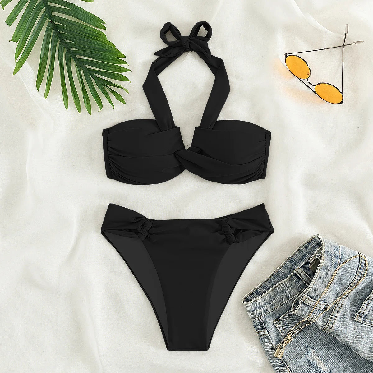 Cikini-Twist Halter Push Up Bikini Swimsuit for Women, Two-Piece Bikinis Set, Beach Swimwear, Bathing Suit, Summer, New, 2022