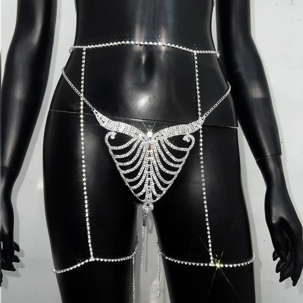 Sexy Rhinestone Body Jewelry Sets For Women Belly Waist Chain Rave Crystal Thong and Leg Thigh Chain Set Bikini Harness Festival