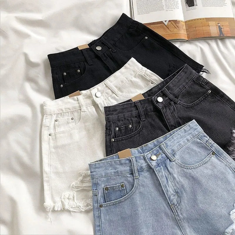 High Waist Summer New Shorts Pants Fashion Women Korean Denim Ripped Tassel Y2K Jeans Short Casual Streetwear Hot Blue Trousers