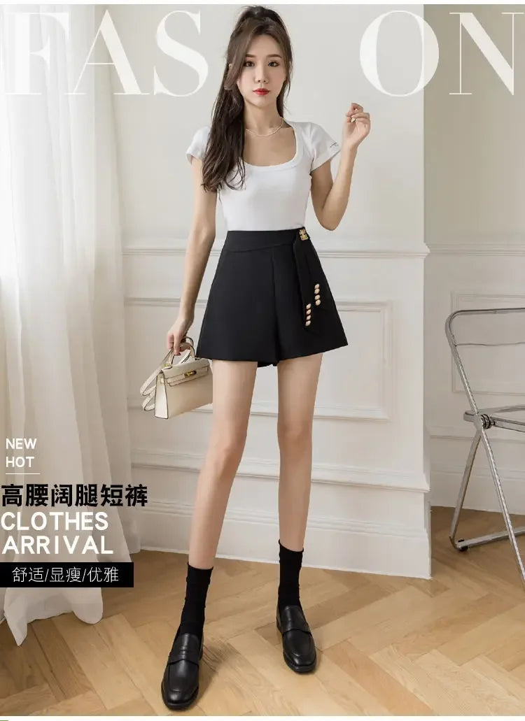 Casual All-match High Waist Wide Leg Shorts for Female Simplicity Commute Solid Color Spliced Shorts Fashion Women's Clothing