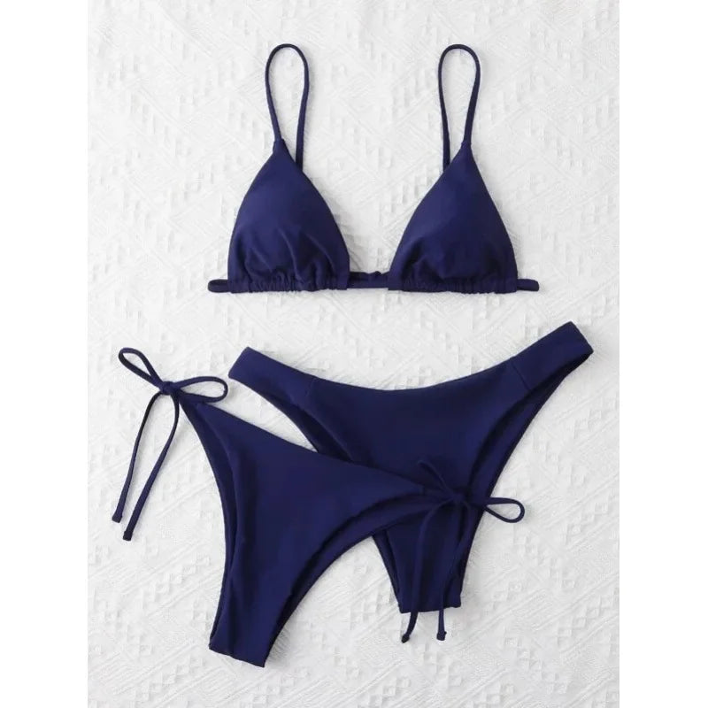 OIINAA Sexy Bikini Set Women Swimsuit Solid Three-pieces Lace Up Bow Swimwear Beachwear Summer 2025 Thong Bather Bathing Suit