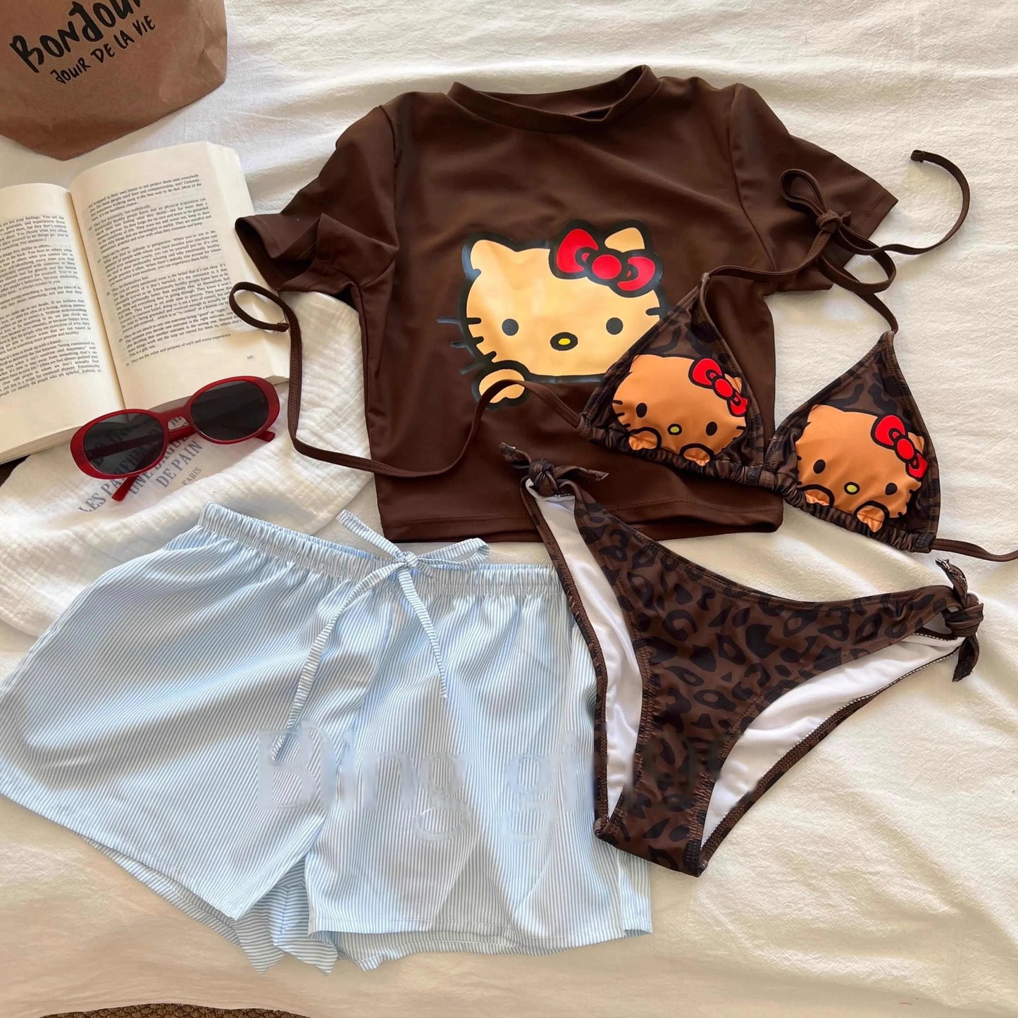 Kawaii Hello Kitty Beach Sexy with Chest Cushion Bikini Three Piece Set Sanrio Comic Split Body Swimsuit Underwear Set Kit Gift