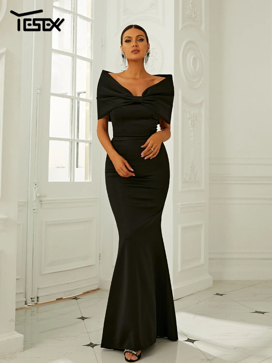 Yesexy New Off Shoulder Mermaid Hem Wedding Dresses Women Elegant Maxi Bow Front Evening Party Dress Black Bodycon dress