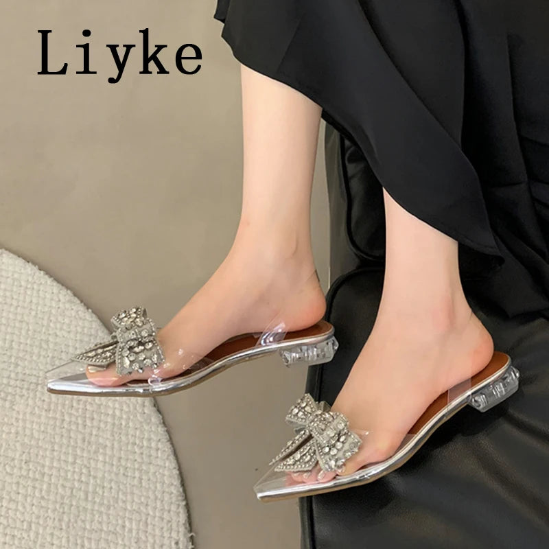Liyke Fashion Design Crystal Bowknot Women Pumps Sexy Pointed Toe Mules Low Square Heels Slingback Shoes PVC Transparent Sandals