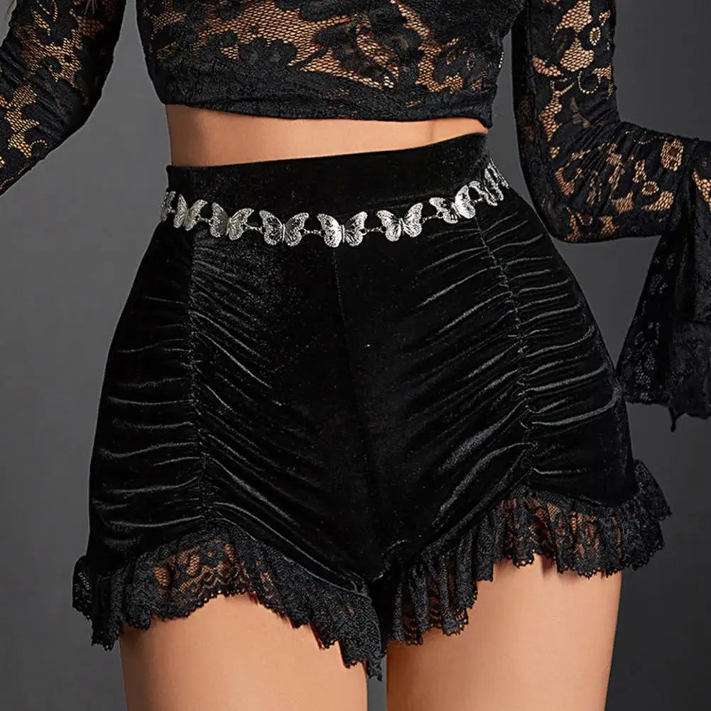 Goth Dark Mall Gothic Velvet Ruched Sexy Shorts Skirts E-girl Grunge High Waist Skinny Bottoms Women Lace Hem Autumn Alt Clothes