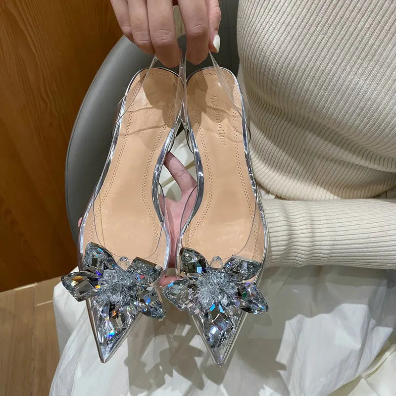 Silver Baotou Sandals Women 2025 New Summer Beautiful Pointy Wine Glass Celebrity Crystal Flower Transparent High Heels