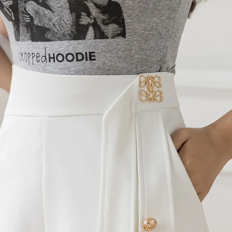 Casual All-match High Waist Wide Leg Shorts for Female Simplicity Commute Solid Color Spliced Shorts Fashion Women's Clothing