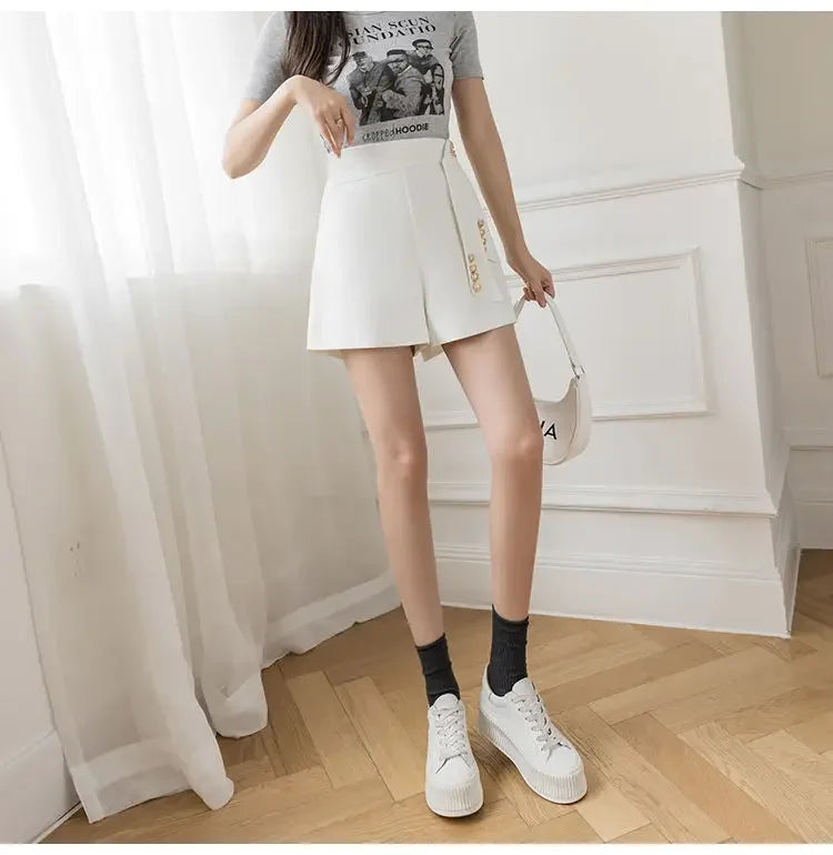 Casual All-match High Waist Wide Leg Shorts for Female Simplicity Commute Solid Color Spliced Shorts Fashion Women's Clothing