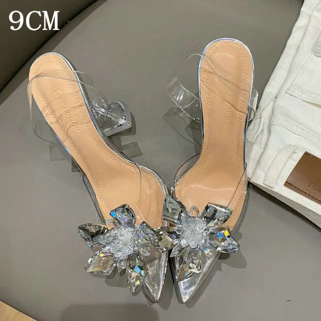 Silver Baotou Sandals Women 2025 New Summer Beautiful Pointy Wine Glass Celebrity Crystal Flower Transparent High Heels