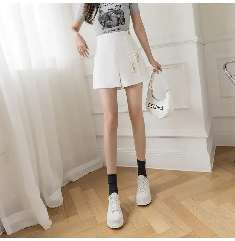 Casual All-match High Waist Wide Leg Shorts for Female Simplicity Commute Solid Color Spliced Shorts Fashion Women's Clothing