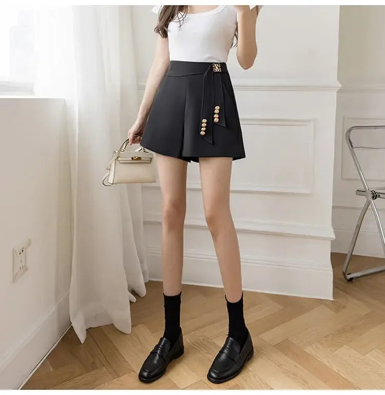 Casual All-match High Waist Wide Leg Shorts for Female Simplicity Commute Solid Color Spliced Shorts Fashion Women's Clothing