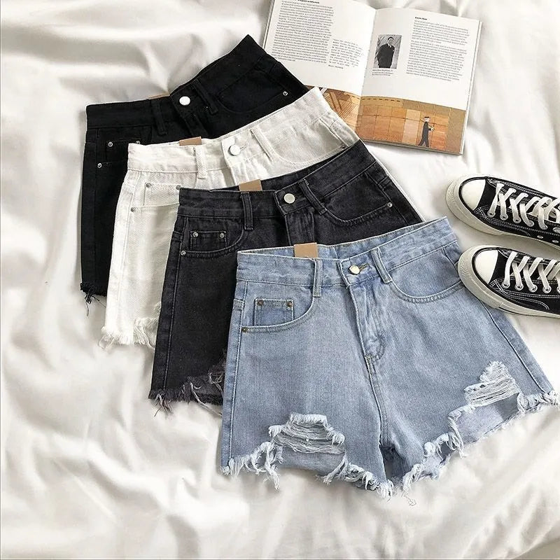 High Waist Summer New Shorts Pants Fashion Women Korean Denim Ripped Tassel Y2K Jeans Short Casual Streetwear Hot Blue Trousers