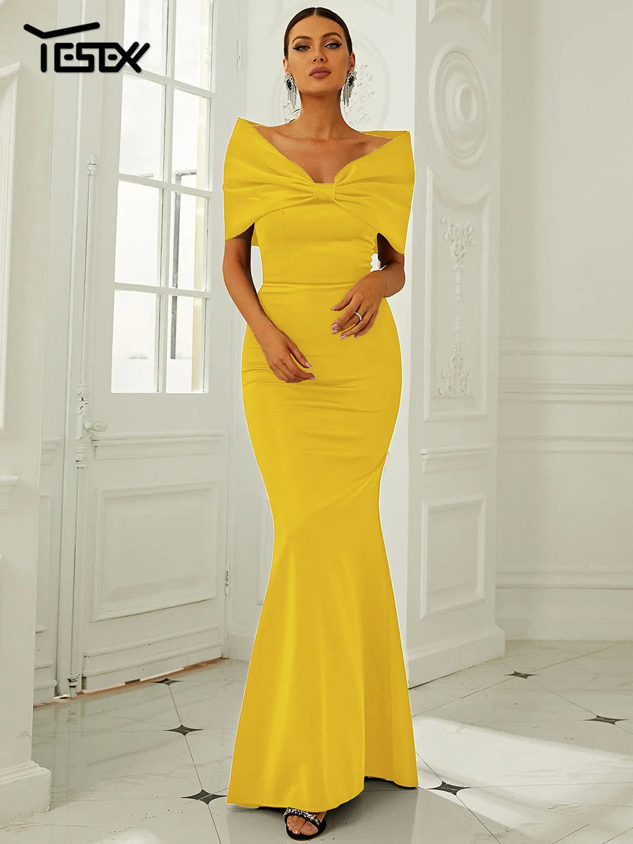 Yesexy New Off Shoulder Mermaid Hem Wedding Dresses Women Elegant Maxi Bow Front Evening Party Dress Black Bodycon dress