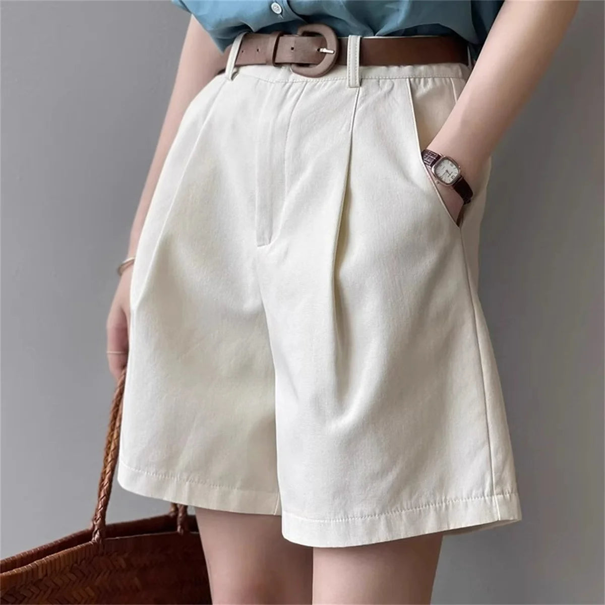 Summer Wide Leg Shorts For Women Fashion Solid A Line Office Lady Classic Short Pant Korean High Waist Suit Shorts Casual Zipper