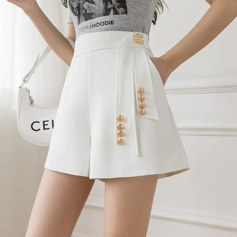 Casual All-match High Waist Wide Leg Shorts for Female Simplicity Commute Solid Color Spliced Shorts Fashion Women's Clothing