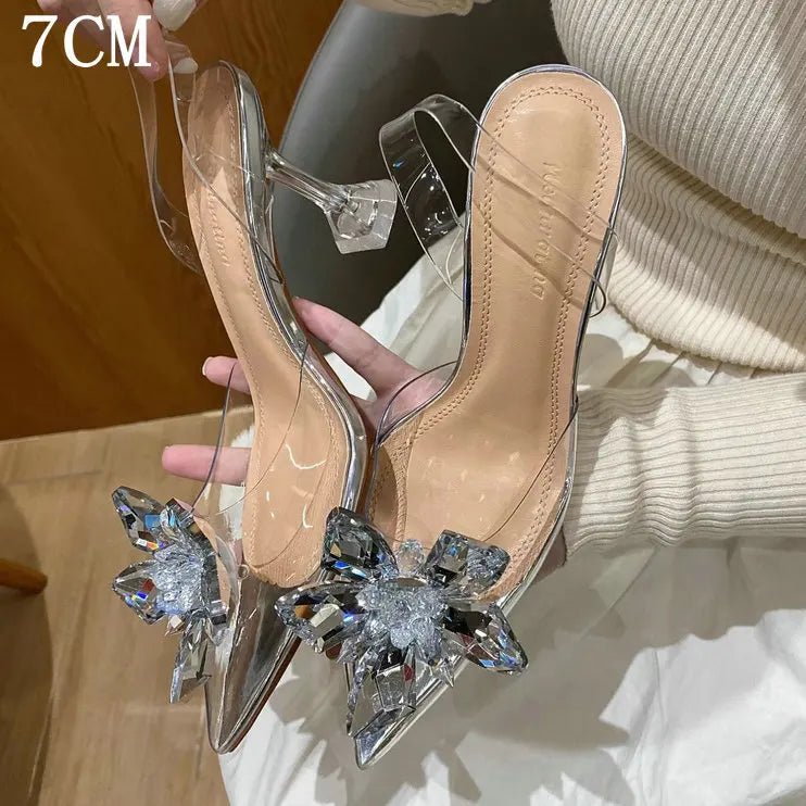 Silver Baotou Sandals Women 2025 New Summer Beautiful Pointy Wine Glass Celebrity Crystal Flower Transparent High Heels