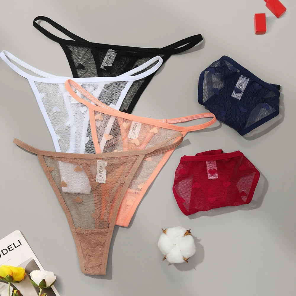 Sexy Lace Sheer Thong Panties Underwear Women's Low Waist G-String T-Pants Lingerie Panties Heart See Through Mesh Underpants